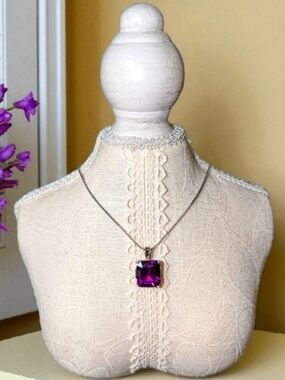 Emerald Cut Amethyst Gemstone Pendant On Silver Serpentine Chain Necklace